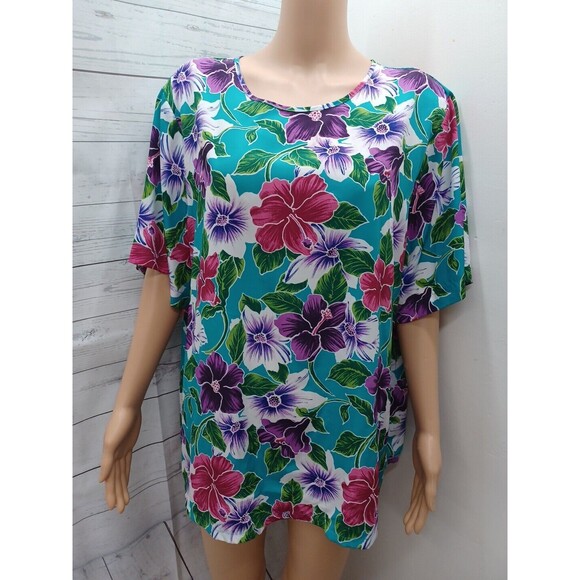Vtg Kathie Lee Red Floral Hawaiian Hibiscus Purple Green Short Sleeve Top 22W - Picture 1 of 11